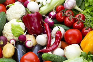 Background of fresh vegetables and greens closeup