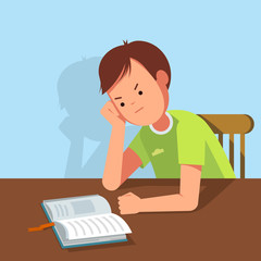 Kid reading a book at the table. Vector illustration of reading kid in the room. The boy sits at the table his head in his hand. The boy learns lessons