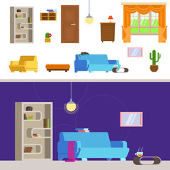 Vector illustration interior living room in the flat style. Set of detailed interior room flat. Interior living room and hallway: couch, coffee table, bookshelves, armchair, ball of wool