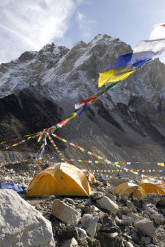 Nepal, Mount Everest. The tents of mountaineers are scattered along the Khumbu Glacier at Base Camp.