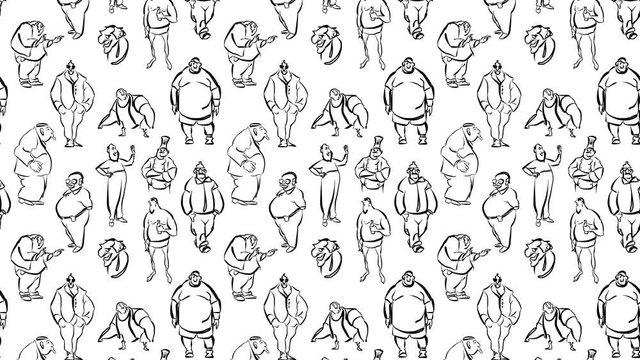 Seamless Fat Men Animatic Pattern, Sketched animated Artwork; Black and White