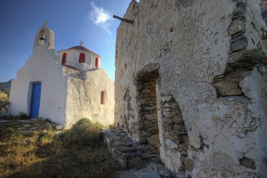 Europe, Greece, Greek Isles, Mykonos, Old building and Chapel in central island location