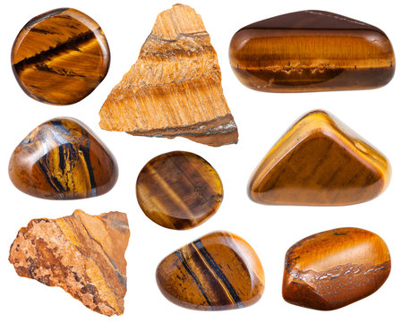 set of polished and raw tiger-eye gemstones