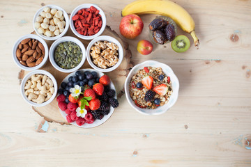 Paleo style breakfast: gluten free grain free oat free granola with mixed nuts, and fresh berries and fruits, selective focus