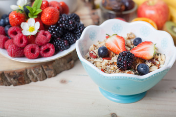 Paleo style breakfast: gluten free grain free oat free granola with mixed nuts, and fresh berries and fruits, selective focus