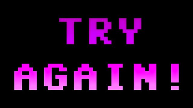 A 4k videogame ending screen, saying Game over - Try again - Insert coin. 8-bit retro style.