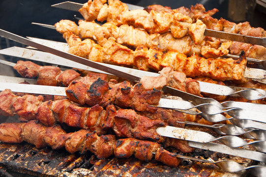 Pork And Chicken Shish Kebab On Skewers