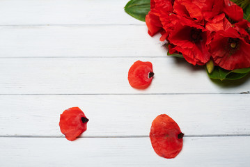 red poppy flowers on white wood table