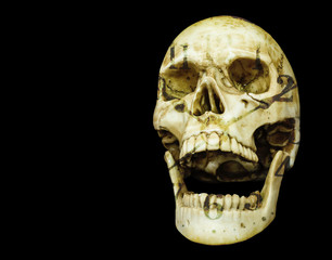 opening mouth human skull double exposure with clock dial isolated on black background with copy space