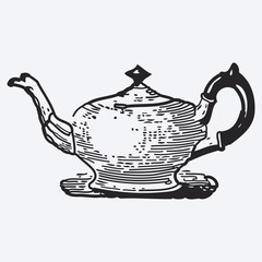 Vintage tea pot engraving, ephemeral vector illustration