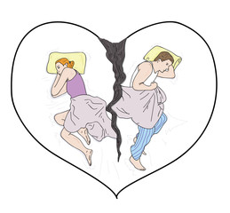 Couple in bed on the background of the heart. vector illustration