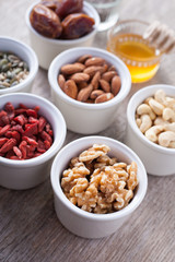 Grain free oat free paleo granola ingredients: mixed nuts, seeds, goji berries, chia, honey and coconut oil, selective focus