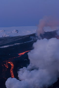 Lava flowing down mountain, Eyjafjallajokull volcano, Iceland