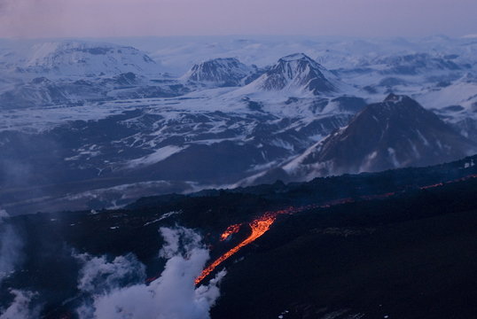 Lava flowing down mountain, Eyjafjallajokull volcano, Iceland