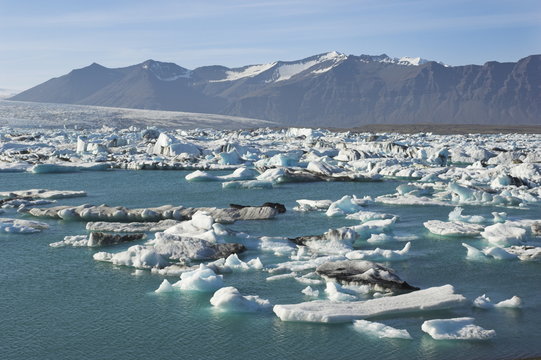 Icebergs in the glacial melt water lagoon at Jokulsarlon, Breidamerkurjokull, South area, Iceland
