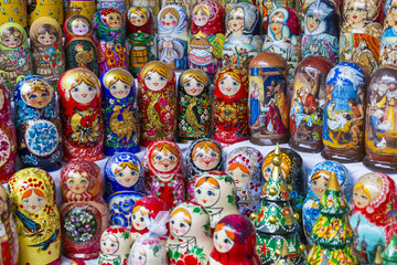 Colorful Russian nesting dolls matreshka at the market. Matriosh