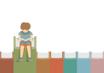 Boy Reading On the books in a row white background illustration