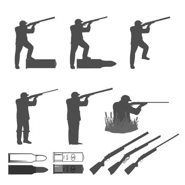 man shoots from a rifle at the target and hunting. set in different poses. guns and bullets separately.
  totally vector illustration