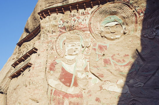 Sakyamuni rock sculptures at Lashao temple, Shuilian Dong Water Curtain Cave, Northern Wei dynasty dating from between 386 and 534 AD, Gansu Province, China