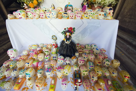 Wax skulls as decorations on display, Dia de Muertos (Day of the Dead), Morelia, Michoacan state, Mexico