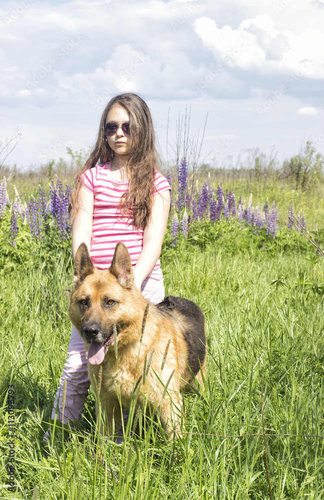 Poster girl hugging a dog