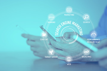 SEARCH ENGINE MARKETING CONCEPT with Icons and Keywords