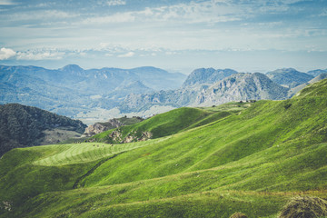 Fototapeta na wymiar summer mountains green grass and blue sky landscape