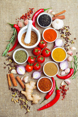 spices in bowls, peppers, tomatoes and other cooking ingredients