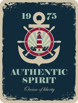 banner with an anchor and a ship steering wheel with sea view and a lighthouse with the inscription authentic spirit