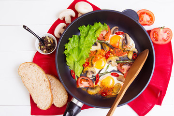 Fried eggs in pan