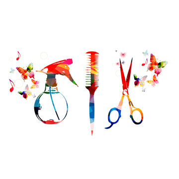 Hairdressing tools background with colorful comb, scissors and sprayer