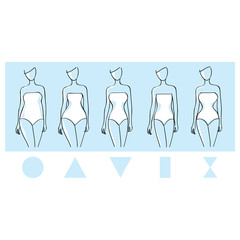 Woman body types. Female body shapes. Round, rectangle, triangle, inverted triangle, hourglasses. Vector illustration.