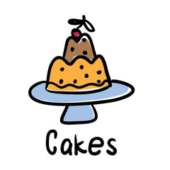 Cakes doodle. Cake on the plate Vector illustration.