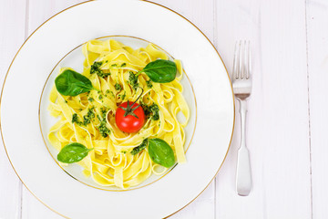 Fettuccine and Tagliatelle with Basil Pesto