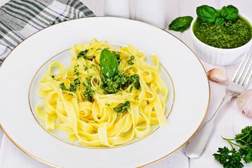 Fettuccine and Tagliatelle with Basil Pesto