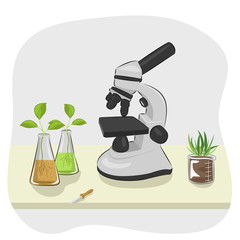 microscope, pipette and plants growing in laboratory flasks on table