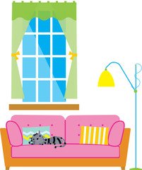 Fun cat lying on the sofa in the room. Living room interior. Vector illustration. Pet at home.