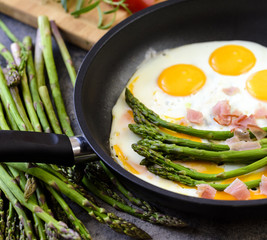 Fried eggs with asparagus and ham on a dark stone board