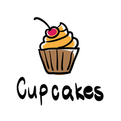 Cupcake doodle. Cupcake with cherry. Vector illustration.