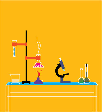 Chemical set. Chemical tools and bottles on the table. Vector illustration.