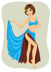 Beautiful caucasian belly dancer harem woman in a blue stage costume