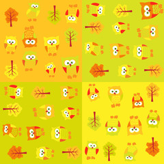 Seamless pattern with owls and trees in squares