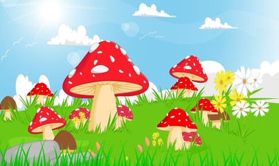 illustration of red mushroom with grass and flower