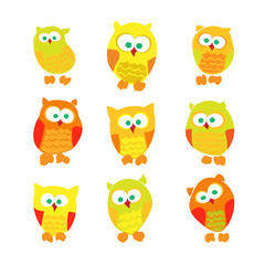 Set of cute cartoon owls isolated on white background.