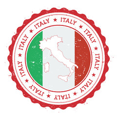Italy map and flag in vintage rubber stamp of state colours. Grungy travel stamp with map and flag of Italy. Country map and flag vector illustration.
