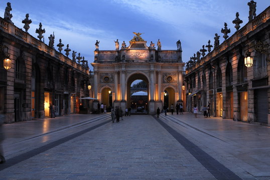 Evening view of the Arc de Triomphe, Place Stanislas, Nancy, Lorraine, France