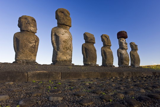 Ahu Tongariki, the largest ahu on the Island, Tongariki is a row of 15 giant stone Moai statues, Rapa Nui (Easter Island), Chile