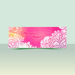 Happy Holi horizontal flyer design template, vector background concept with colorful doodle style paint. Pink and white colors.