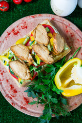 Belgian waffle with grilled meat (barbecue), and fresh vegetables