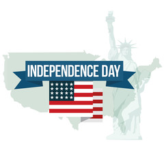 Statue of Liberty on American map background and badge Independence Day. Vector illustration.